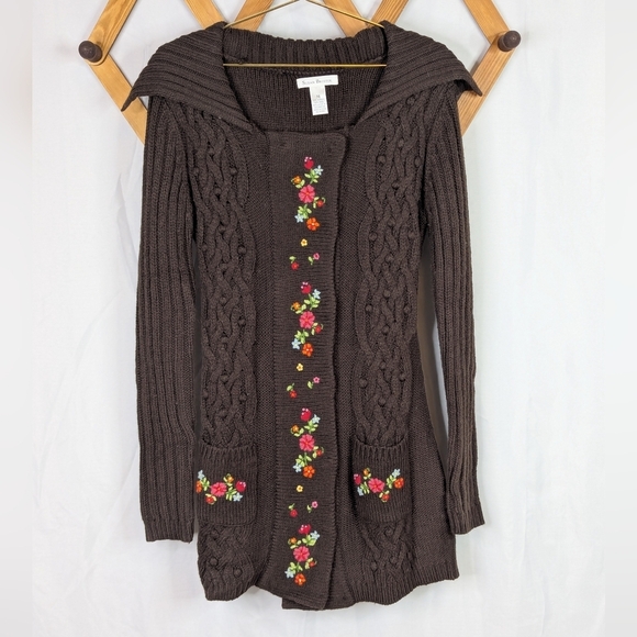 Vintage Susan Bristol Floral Brown Wool Blend Button Up Long Line Knit Sweater - Picture 1 of 7